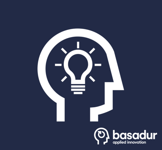 Basadur Applied Innovation logo in the bottom right corner, deep purple background, and outline of a persons head in white with a lightbulb that appears to be glowing brightly.