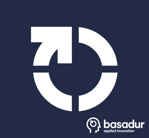 Navy background with the Basadur Applied Innovation Profile symbol, arrow going in a circle, in the middle in white, and the Basadur logo in the bottom right corner.