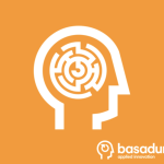 Orange background with outline of a head in white and the Basadur Applied Innovation thinking map in the middle.