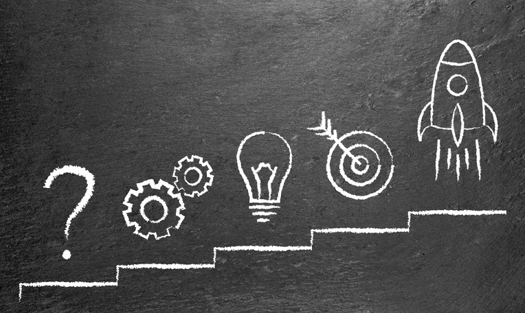 problem solution business series of images going up stairs that represent a process to innovation