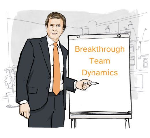 Caricature of Min Basadur PhD of Basadur Applied Innovation, standing at an easel and pointing to text “Breakthrough Team Dynamics.