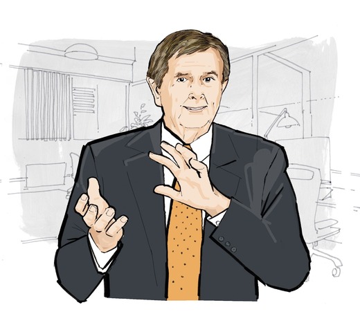 Caricature of Min Basadur PhD, of Basadur Applied Innovation, making a motion with his hands representing the combination of psychological safety with achieving innovative business results.