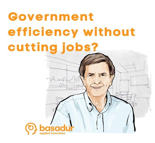 Caricature of Min Basadur PhD with the Basadur Applied Innovation Centre in the background.