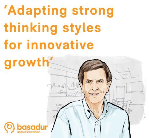 Basadur Applied Innovation branded image with a caricature of Dr. Min Basadur.