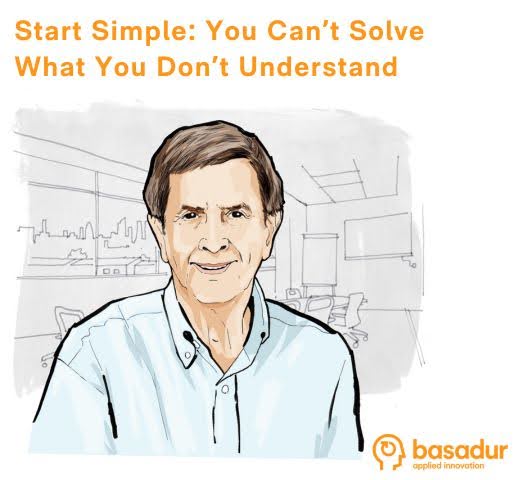 Caricature of Min Basadur PhD, with Basadur Applied Innovation Centre in the background.