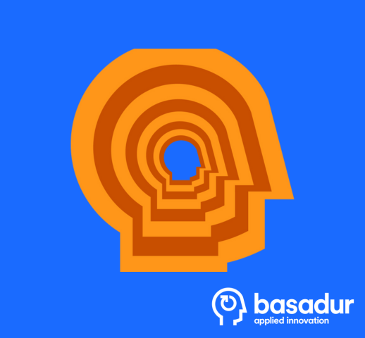 Royal blue background with Basadur Applied Innovation logo in the bottom right corner and a layered outline image of a head in alternating shades of orange in the middle.