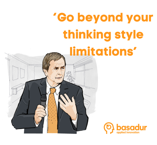 Caricature of Min Basadur PhD holding a microphone with the Basadur Applied Innovation Centre in the background.