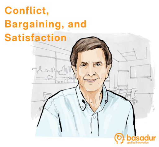 Caricature of Dr. Min Basadur of Basadur Applied Innovation smiling in a white button-down dress shirt.