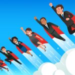 Six cartoon business people with red capes flying above the clouds with one arm stretched out because they have become Super Facilitators through Basadur Applied Innovation’s workshop.