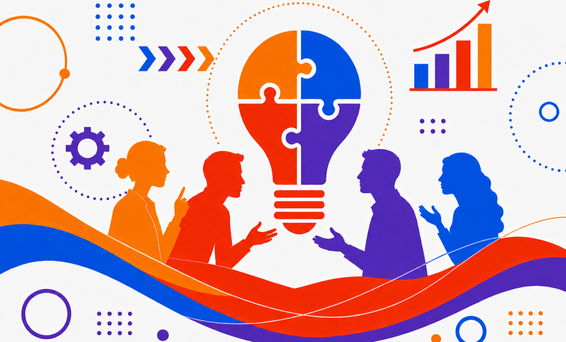 Various icons such as arrows, bar graphs, gears, dots, and waves in the Basadur thinking style colors (blue, purple, orange, red), along with silhouettes of four people making hand gestures and a light bulb made of puzzle pieces in the middle.